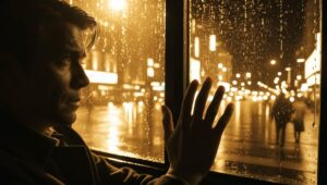 Усталый мужчина смотрит в дождливое окно - самое время для комедии, чтобы перезагрузиться.